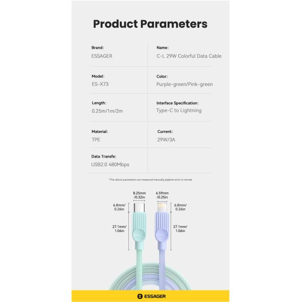 ESSAGER ES-X73 Iphone Charger Cable USB C To Lightning For 13 14 11 12 Pro Max