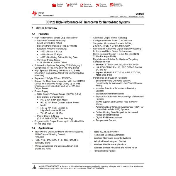 CC1120RHBR RF Transceivers C RF TxRx MCU General ISM 1GHz 274MHz 320MHz 480MHz 960MHz 32-VFQFN Exposed Pad