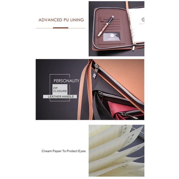 Total 80 Sheets 6 Ring Zipper Binder , Personal Leather Notepad Binder For Business People