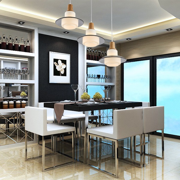 Oak wood dinner table pendant lamp with 3 heads glass shade E27 socket wood imported