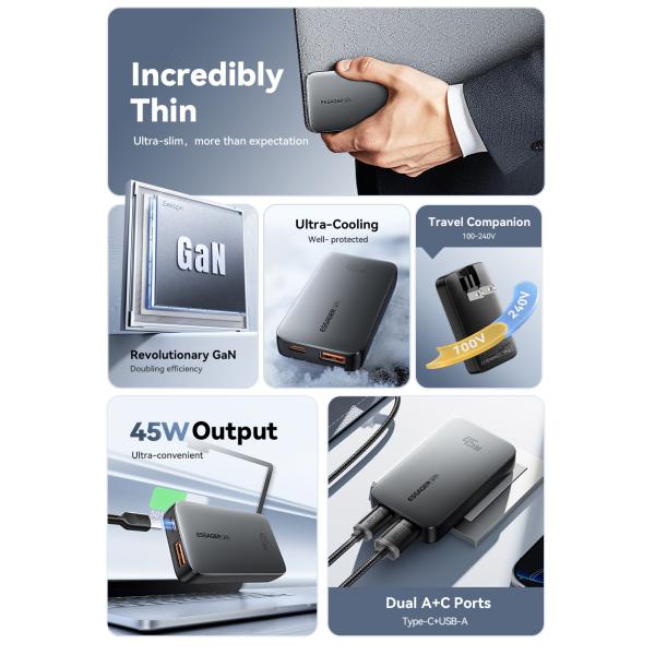 ESSAGER ES-CD48 Series 2 Ports 45W Type C Quick USB Fast Charger with ABS Material