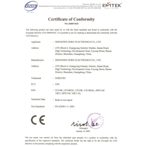 Shenzhen SORO Electronics Co., Ltd. Certifications