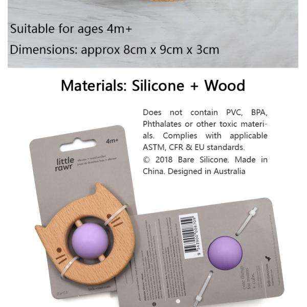 Portable 8cm Wooden Silicone Teether Rattle Rotation Ball Kitty Shape