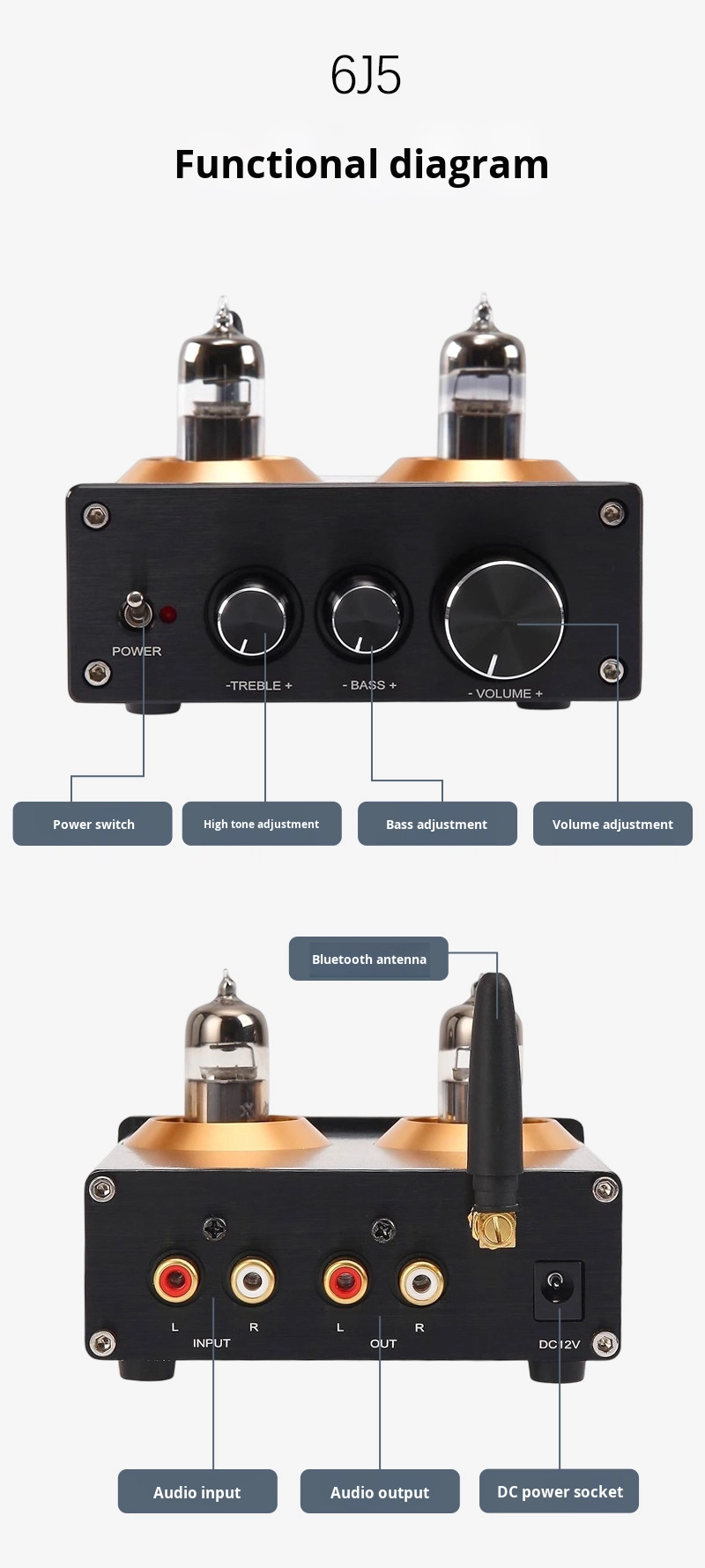 Audiophile HIFI Tube Preamplifier 6J5 QCC3034 for BT 5.1 Wireless Home Amplifier with Bass and Treble Adjustment Preamp