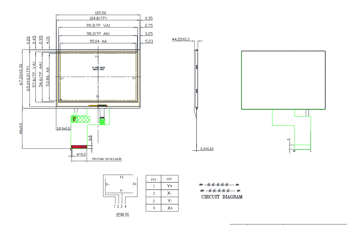 4.3 inch 480x272 Resistive Touch Screen 4.3 Inch RTP TFT Display
