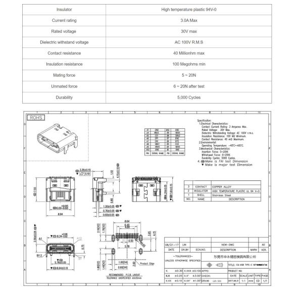 ROHS approved 30V Max 16 Pin Usb Type C Female Connector