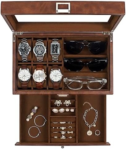 GUKA Watch Box 12 Slot Watch Display Organizer Leather Jewelry Case Drawer Glass Birthday for Men Women, Child Husband