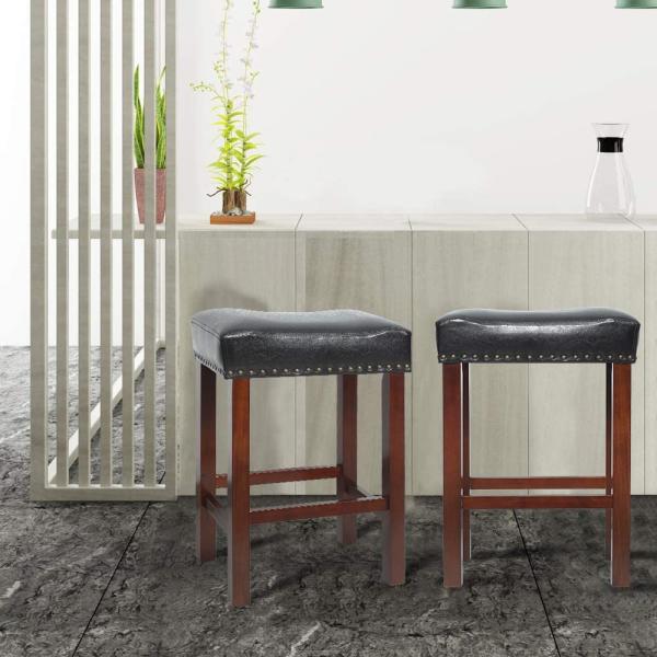 Pu Surface Backless Padded Counter Stools Wooden Legs Cushion Saddle Backless