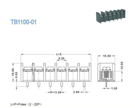 Pitch 11.00mm Barrier Terminal Block , 300V 15A 2P - 22P Power Terminal Blocks