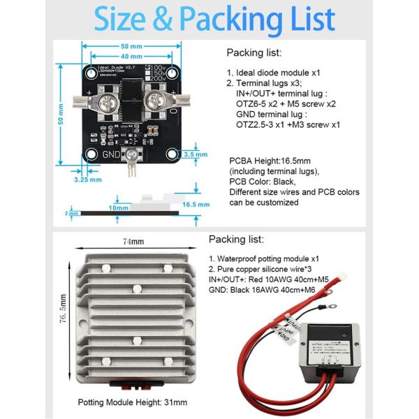150V 200V 80A High Current Ideal Diode Module with Potting Module for Solar Anti-reverse Charging Current Protection