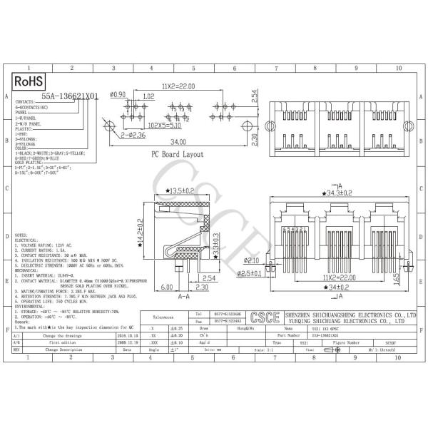 1 * 3 Port PBT Plastic RJ11 PCB Socket , RJ11 Mini Jack 5521 Series Voltage Rating 125V Ac