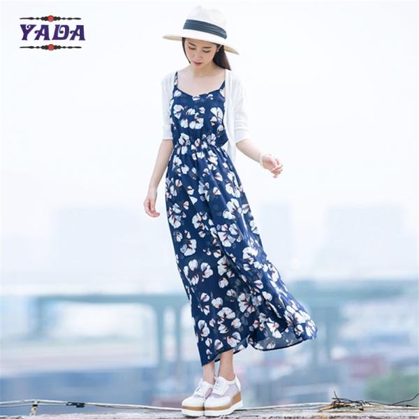 Summer beach floral spaghetti straps maxi latest party designs 100% cotton white dress with good quality