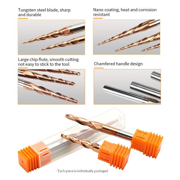 YingBa HRC55 Coated CNC Wood Carving Cutter 2Flute Spiral Taper Ball Nose 1/8 Shank Carbide Milling Cutter Bit for Wood Carving