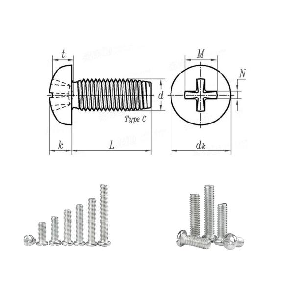 M3 - M12 Machine Stainless Steel Screws 1 Inch Pan Head Cross Screw Type H
