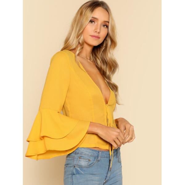 Lady deep v neck flounce sleeve sexy fashion blouse with tie