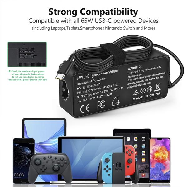 65W Desktop Power Supply Adapter with Type C Charging Wire 100-240V