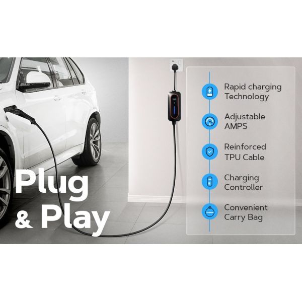 10A Type 2 EV Charger 2.2KW EV Car Portable Charger UK Plug With LCD Display