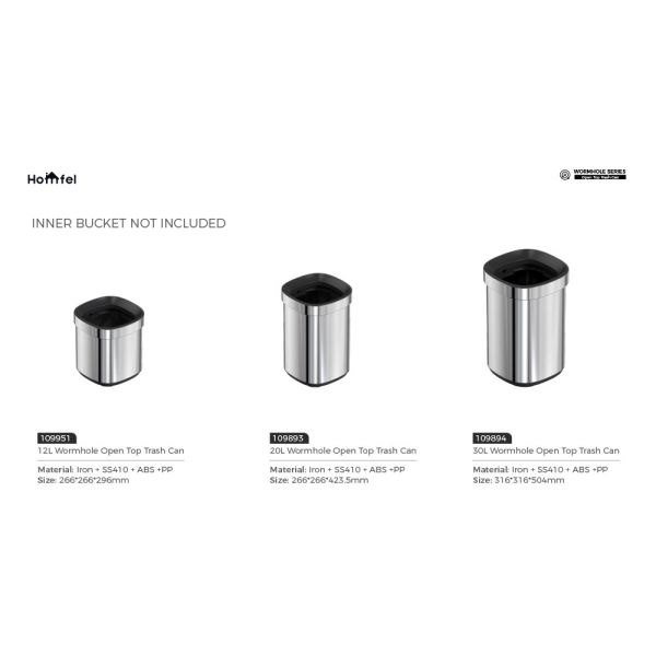 Household SS Rectangle Open Top Garbage Can Without Lid 8L 12L 20L 30L