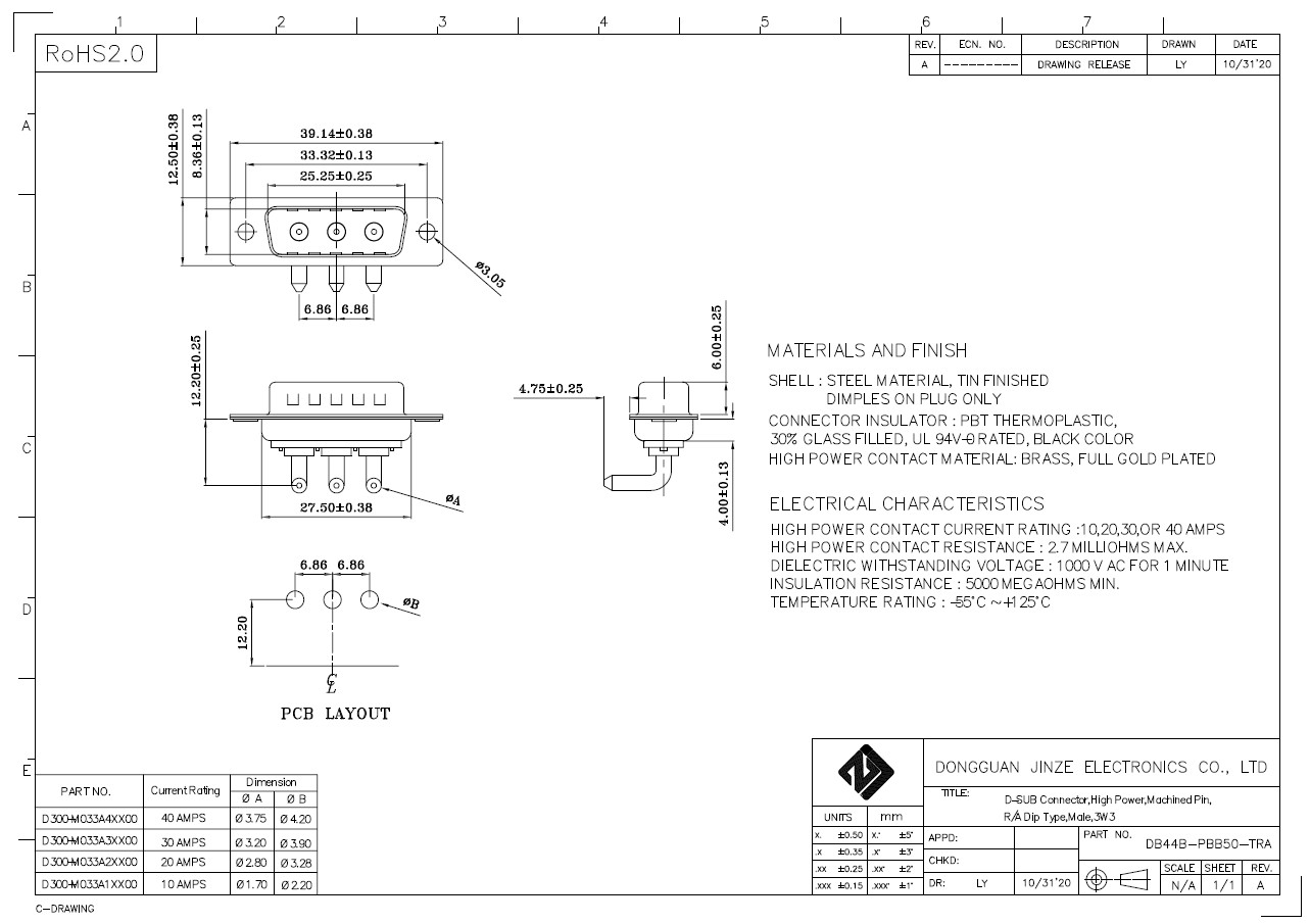 3W3 30A Male High Current 3pin D Sub Female Connector Adapter PCB Solder Type