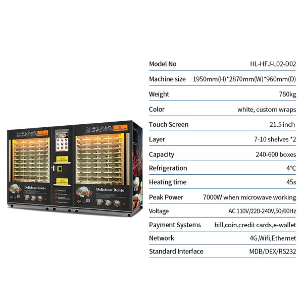 Large Capacity 2 Cabinets Hot Food Vending Machine with Microwave Heating and Smart Touch Screen