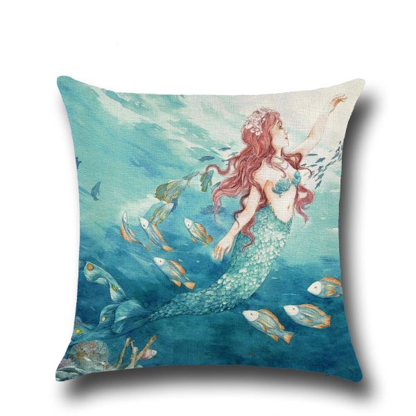 Ocean Theme Throw Pillow Case Mediterranean Style Cotton Linen Mermaid Square Cushion Covers Nautical Pillow Covers