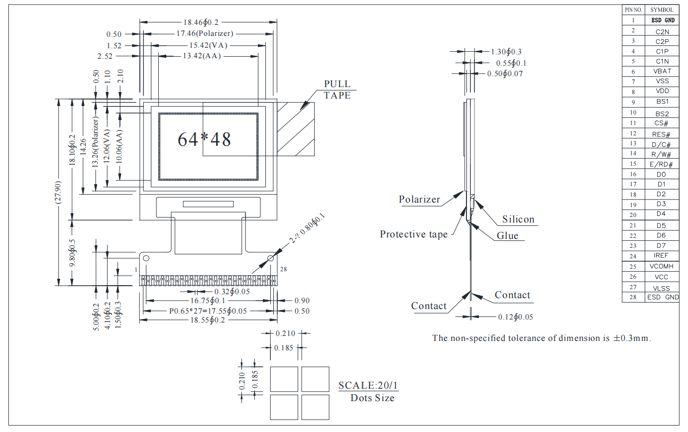 0.66 Inch 64x48 Dots PMOLED Screen Yellow I²C COG Graphic Monochrome Mini