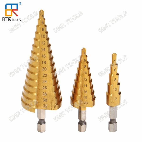 Hot Sells 3PCS HSS M2 Step Drill Bit Set Ti-Coating Straight Flute Packed with wooden box 4-12mm/4-20mm/4-32mm
