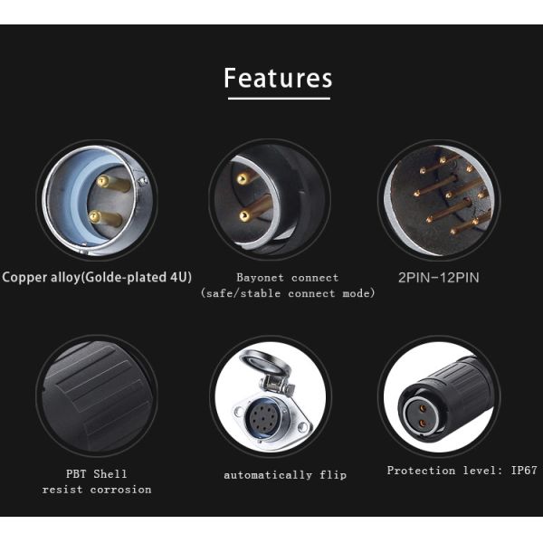 Waterproof and Dustproof Automatic Spring Cover Zinc Alloy Shell Connector Male Plug Self Locking Socket for Power Cable