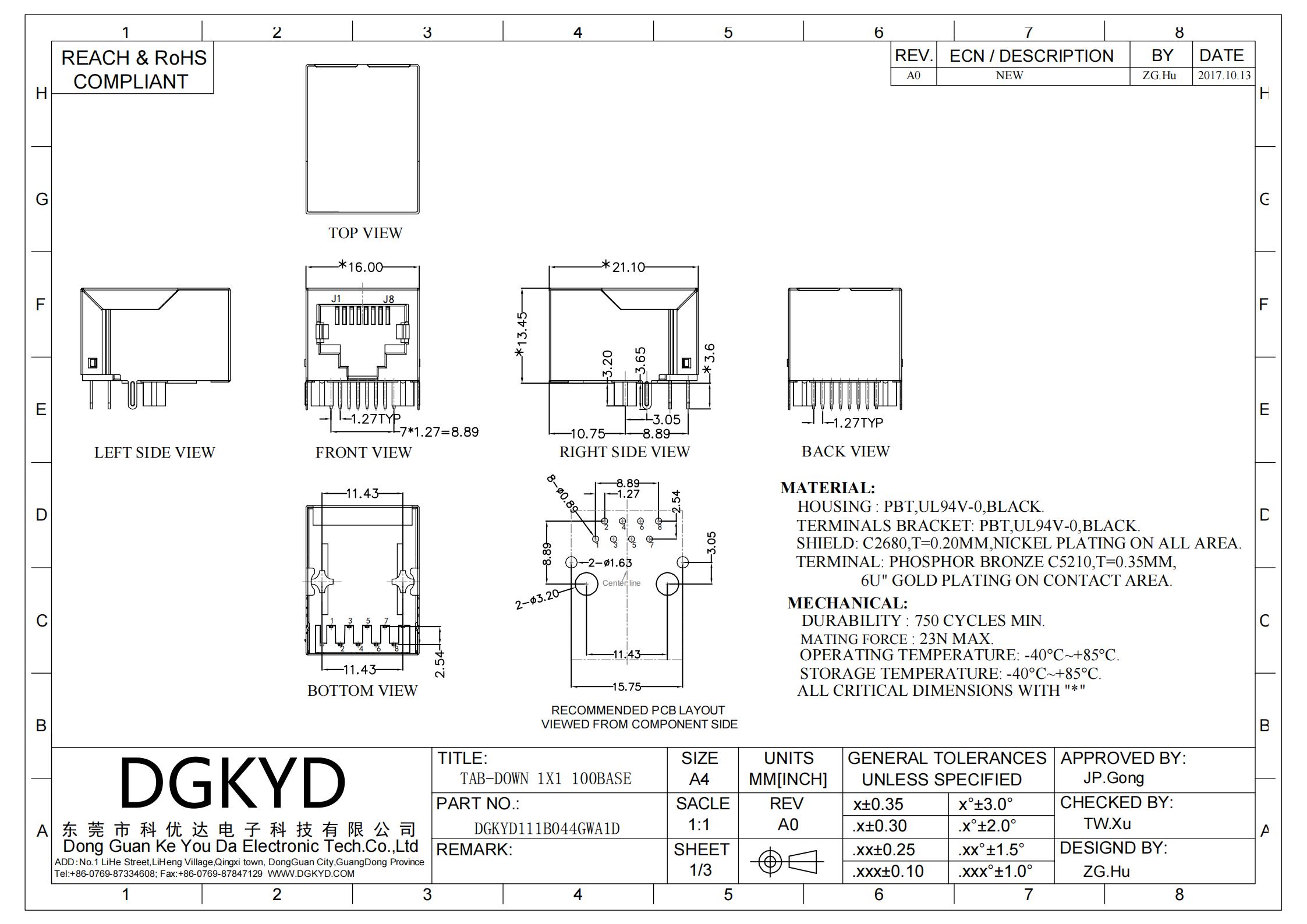 DGKYD RJ45 Connector 8P Single Port Shielded with Transformer