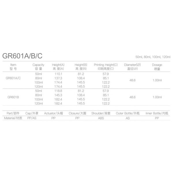 Refillable Inner Bottle And Clear Big Dosage Airless Pump Bottles GR601A/B/C