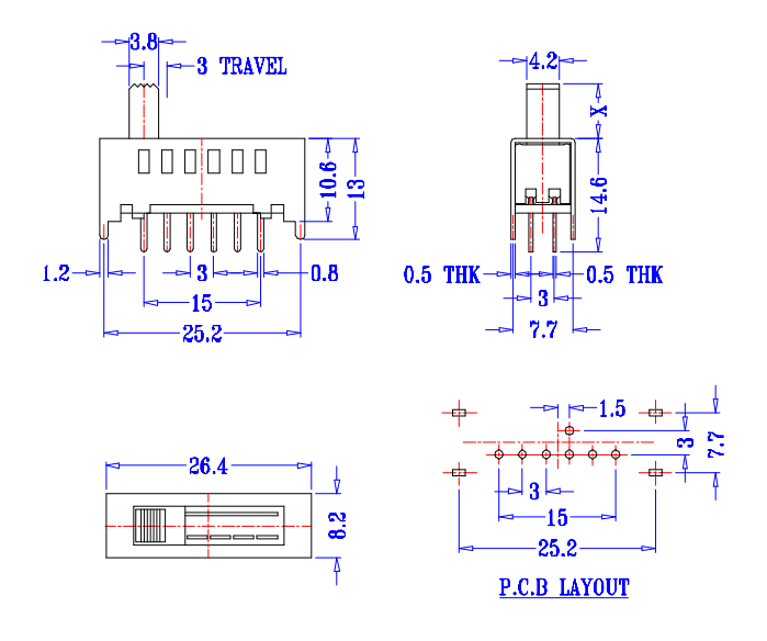 10000 Cycles 6 Position Wiki Mini Slide Switch DC50V 0.5A