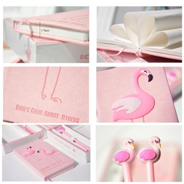Flamingo Pink PU Leather Notepads And Stationery Waterproof Notebook A6 Gift Set Hardcover