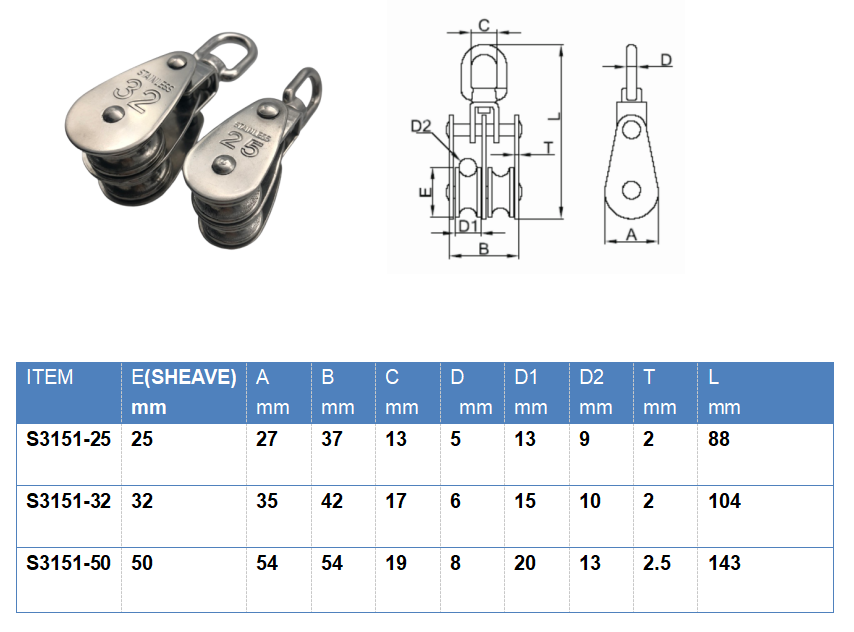 Durable Stainless Steel S3151 Folding Double Pulley Block for Water Treatment Needs