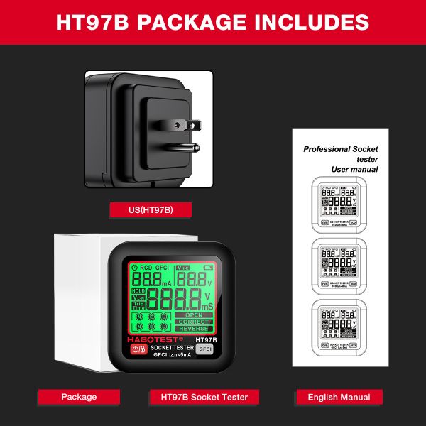 HT97 Digital Socket Tester Smart Voltage Detector RCD GFCI Voltage Test EU US UK Plug Large Display CE Certified