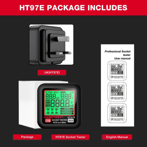 HT97 Digital Socket Tester Smart Voltage Detector RCD GFCI Voltage Test EU US UK Plug Large Display CE Certified