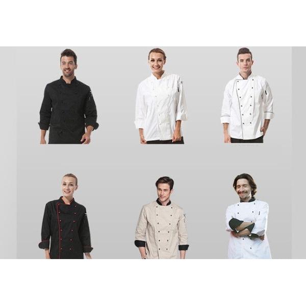 Men Polyester Fabric Kitchen Staff Uniforms Rollable Cuffs Black And White With Hat