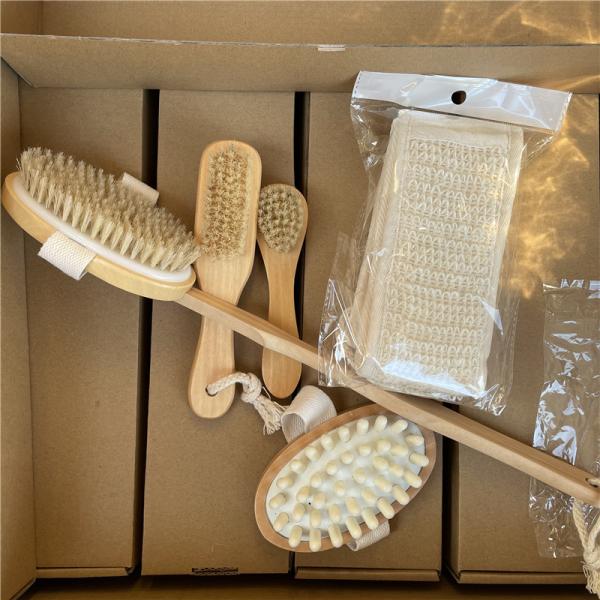 6pcs Organic Bamboo Long Handle Bath Brush Natural Boar Bristle
