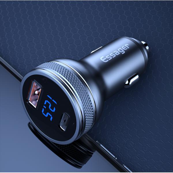 ESSAGER PD3.0 QC3.0 36W LED Digital Display USB C Car Chargers Dual Port