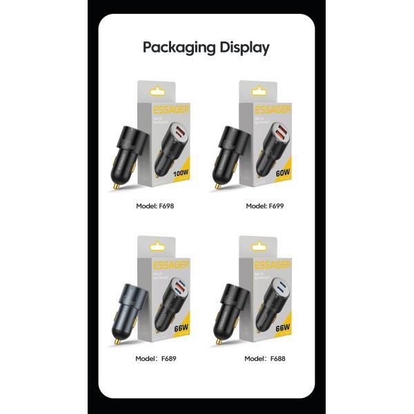 A+C Car Charger Black PD65W Type C And 35W USB-A Dual Port 100W Car Charger