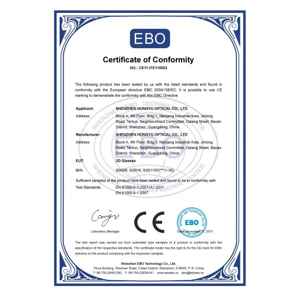 SHENZHEN HONY OPTICAL CO.,LTD Certifications