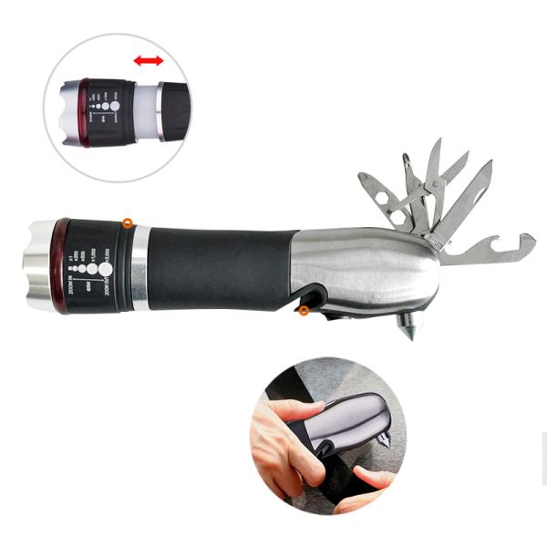 8 Hours Lighting Period FL019 Portable LED Torch Light with Emergency Hammer and Tactical Knife