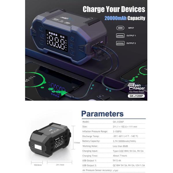 20000mAh Capacity Tire Inflator Car Battery Jump Starter With Portable Air Compressor