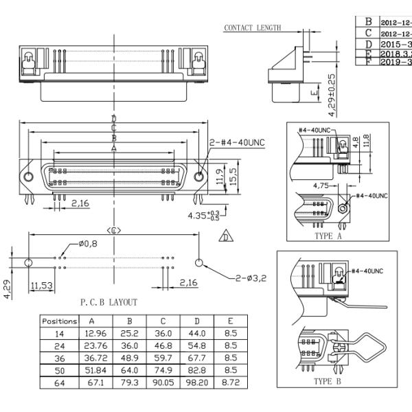 14 24 36 50Pin PCB Right Angle Female Centronics Connector For PCB Board