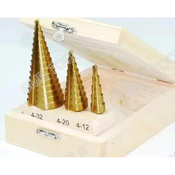 Hot Sells 3PCS HSS M2 Step Drill Bit Set Ti-Coating Straight Flute Packed with wooden box 4-12mm/4-20mm/4-32mm