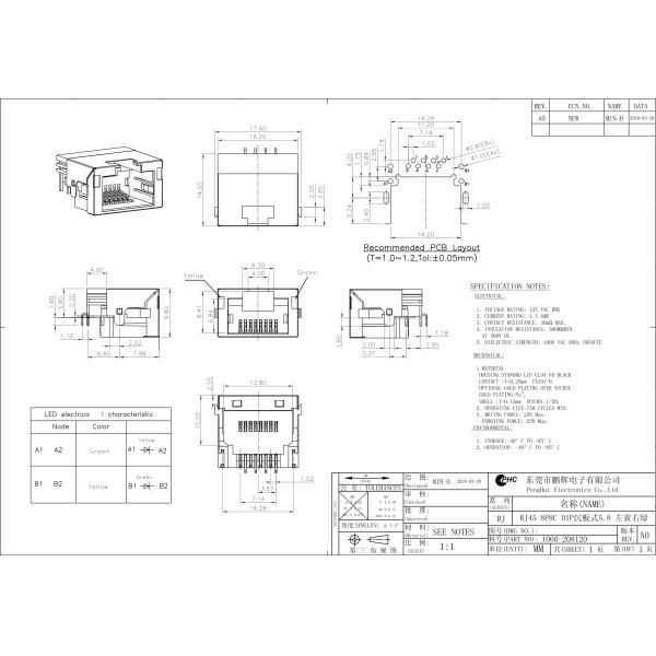 REACH RJ45 Ethernet Jack DIP Type Connector With LED 8P8C Offset Type With Clips