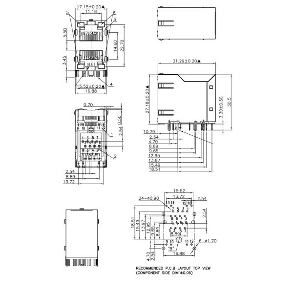 2x1 Stacked Female Connector RJ45 Without Magnetics EMT TAB EMI Spring