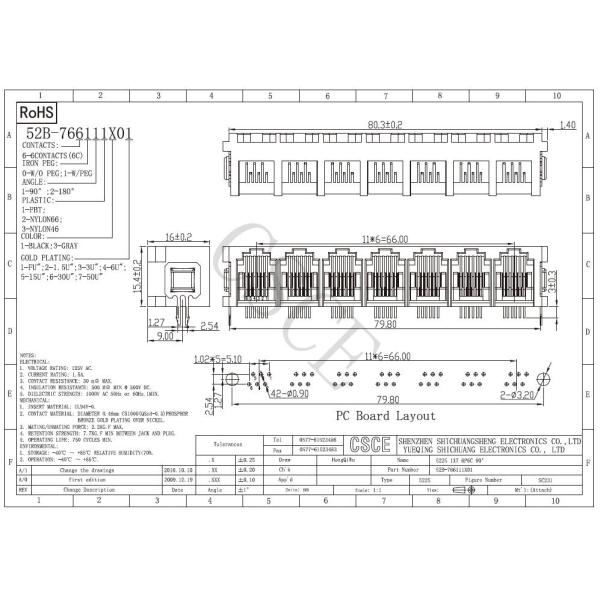 Unshielded RJ11 PCB Mount Connector 1 * 7 Port Right Angle With Hook ISO9001 Certification
