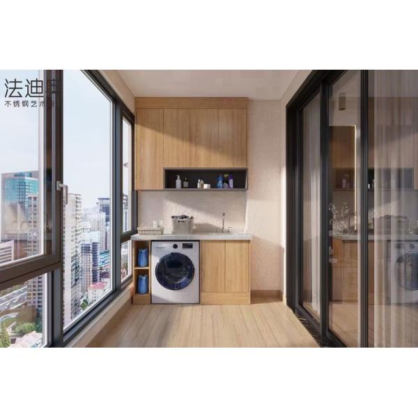 Easy Clean Balcony Storage Cabinet With Wood Grain Finish And Meridian Gray Carcass