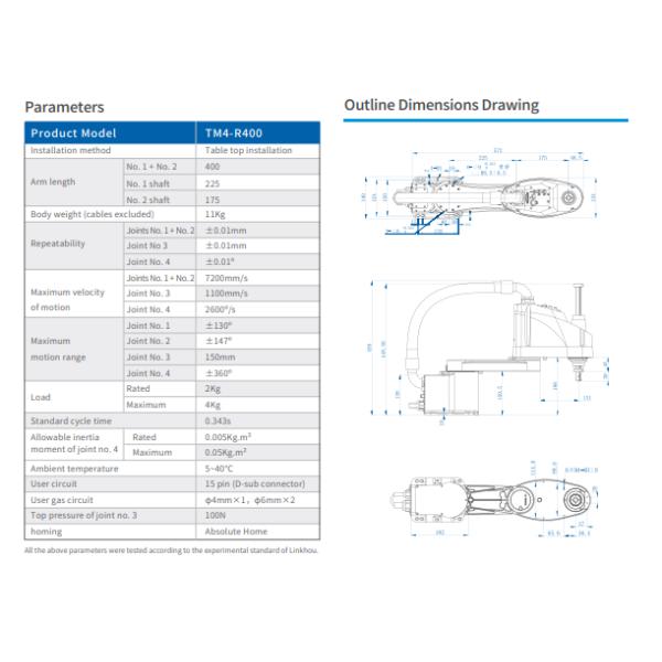 Table Top Installation Industrial Robot 11Kg 100N Top Pressure Of Joint No. 3 TM4-R400