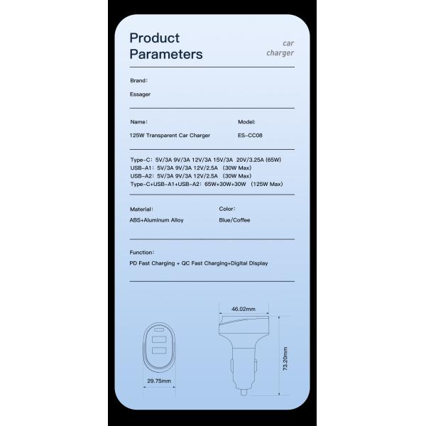 Official Store Digital Display Car Chargers 125W Transparent with 1 Type-C 2 USB-A